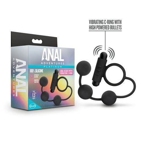 ANAL ADVENTURES PLATINUM - SILICONE ANAL BEADS WITH VIBRATING C-RING - BLACK