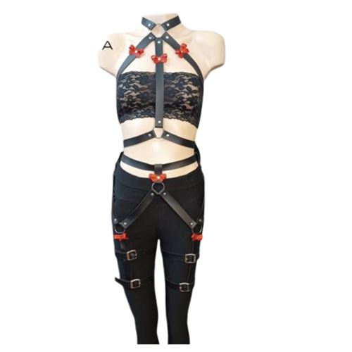 CONJUNTO BUN ECO CUERO NEGRO Y ROJO